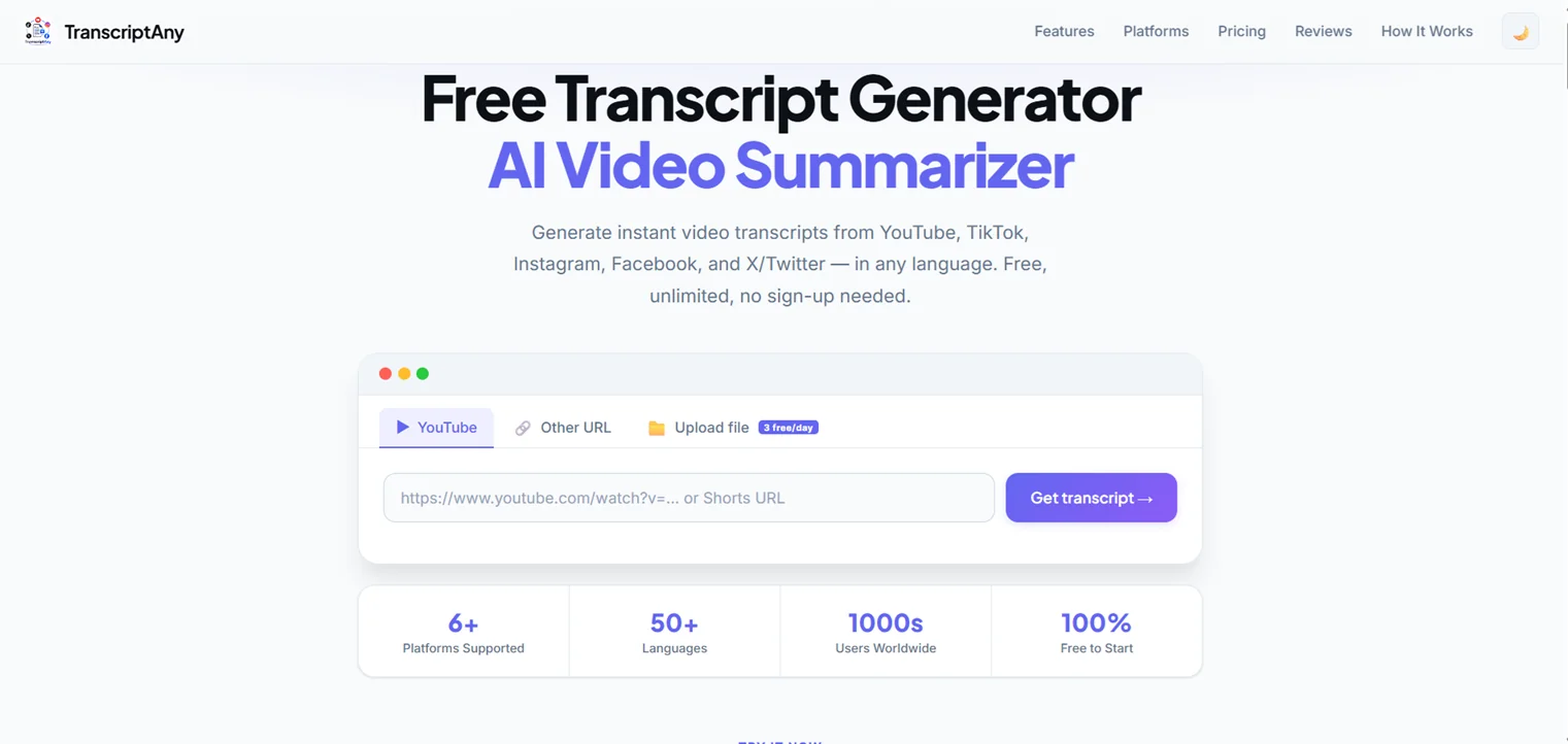 TranscriptAny supporting YouTube, TikTok, Instagram, Facebook, and X in one tool