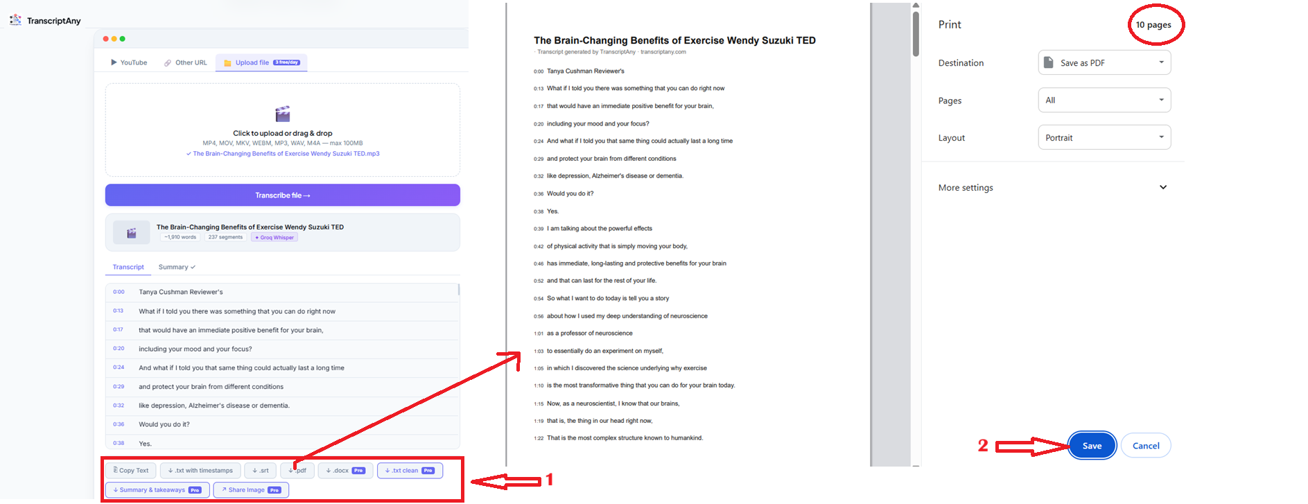 Downloading a transcript as a formatted PDF ready to share