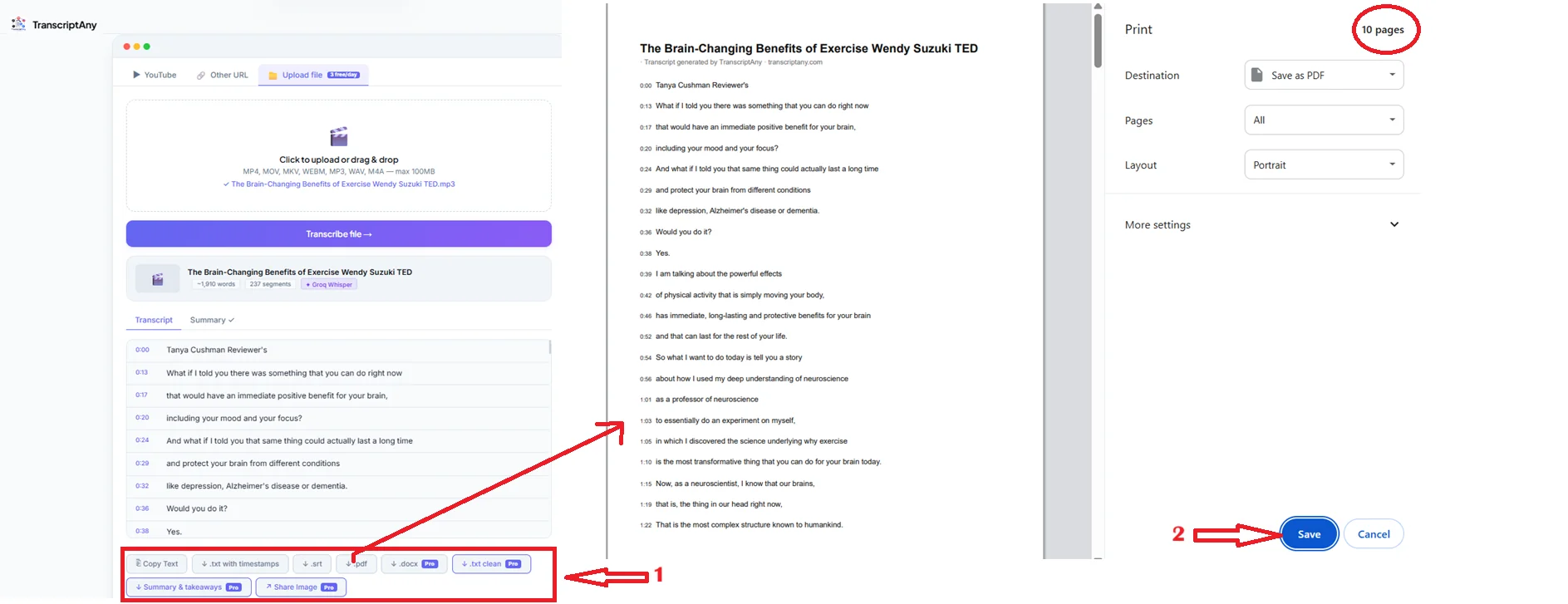 Downloading a transcript as a formatted PDF ready to share