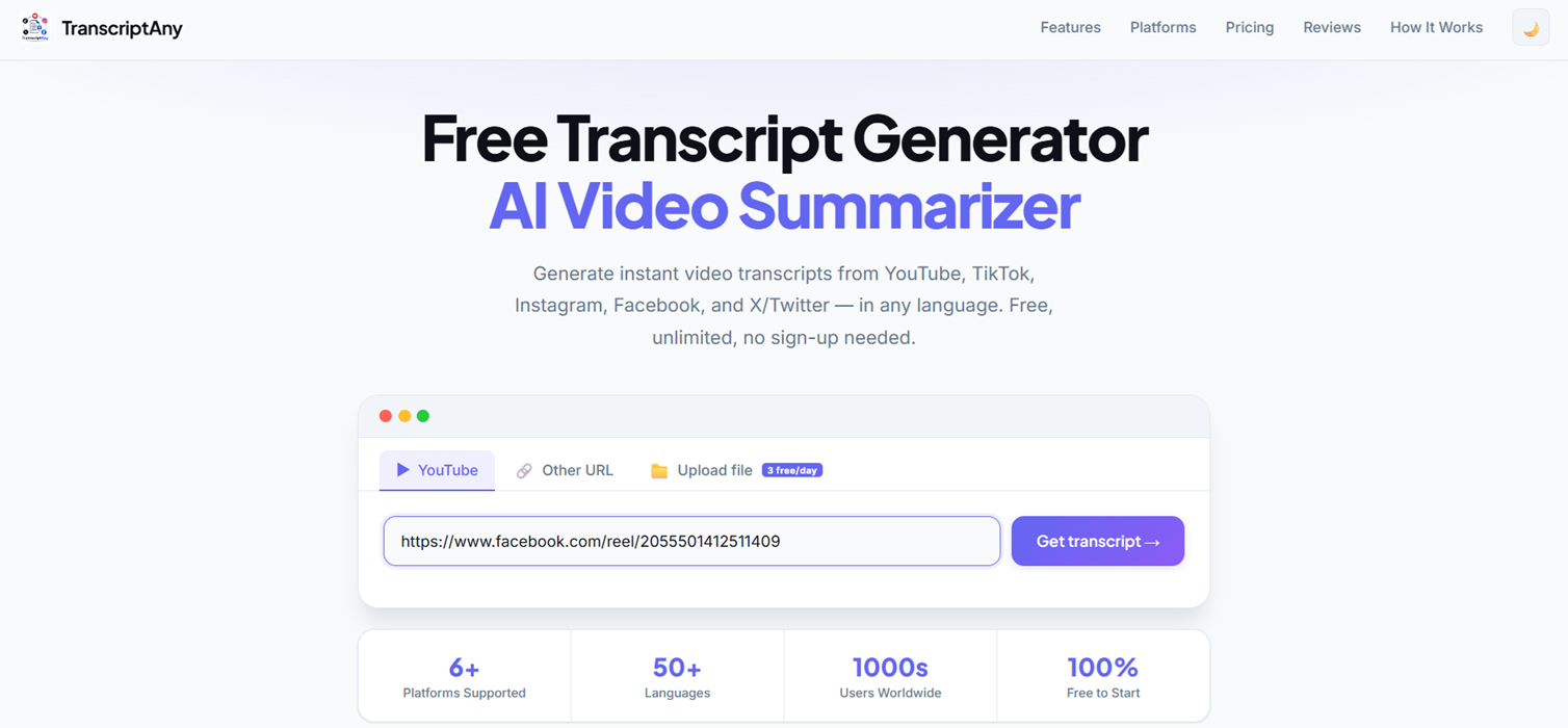 Facebook video URL pasted into TranscriptAny, ready to get the transcript