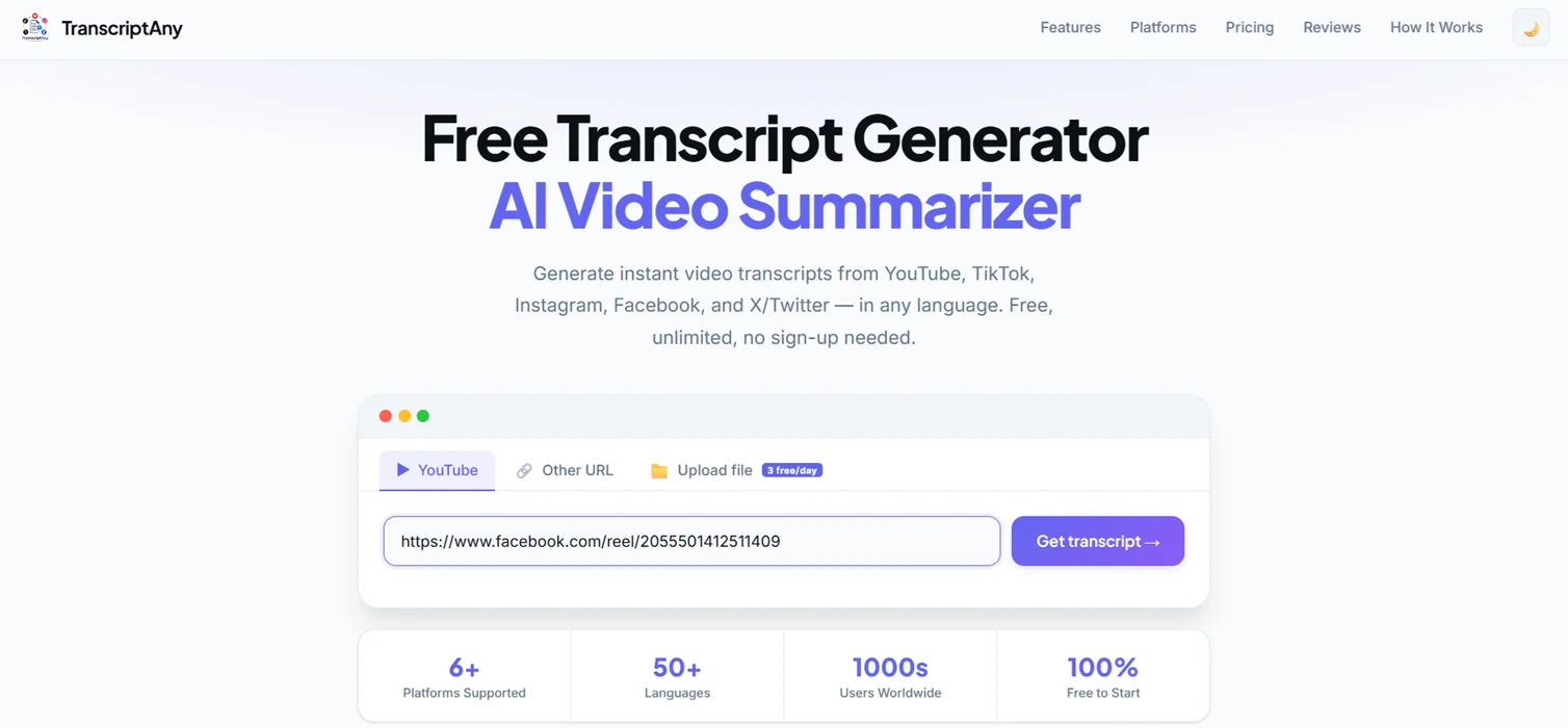 Facebook video URL pasted into TranscriptAny, ready to get the transcript