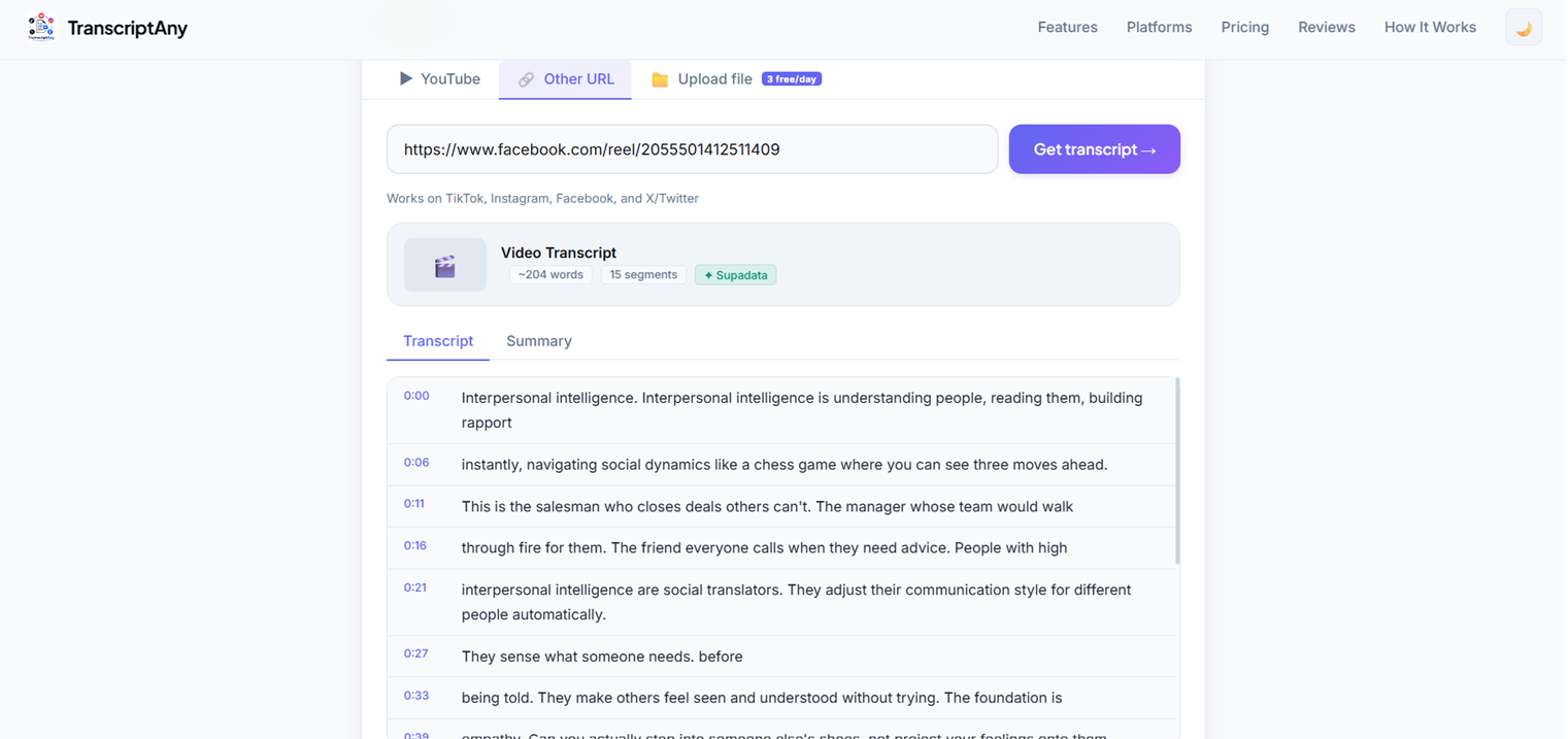 A timestamped interview transcript generated by TranscriptAny