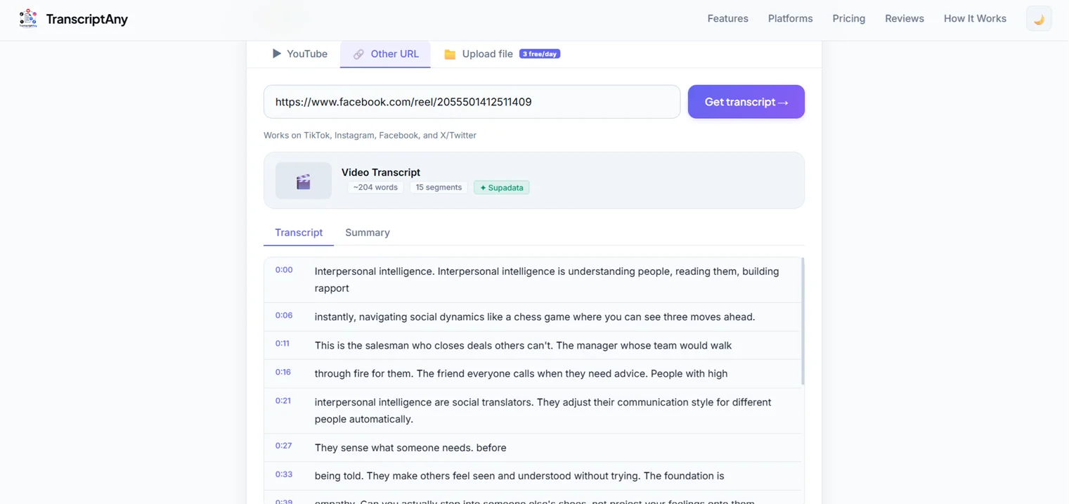 A timestamped transcript of a TED Talk generated by TranscriptAny