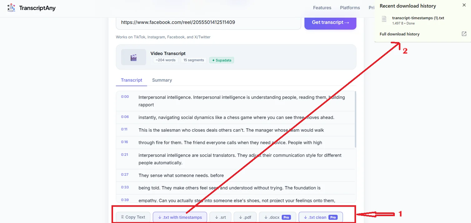 Facebook video transcript download options including .srt, .pdf, and .docx