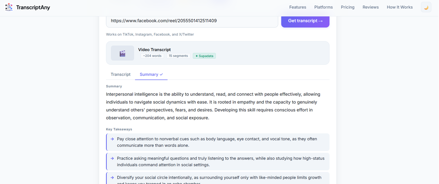 AI-generated video summary and key takeaways on TranscriptAny