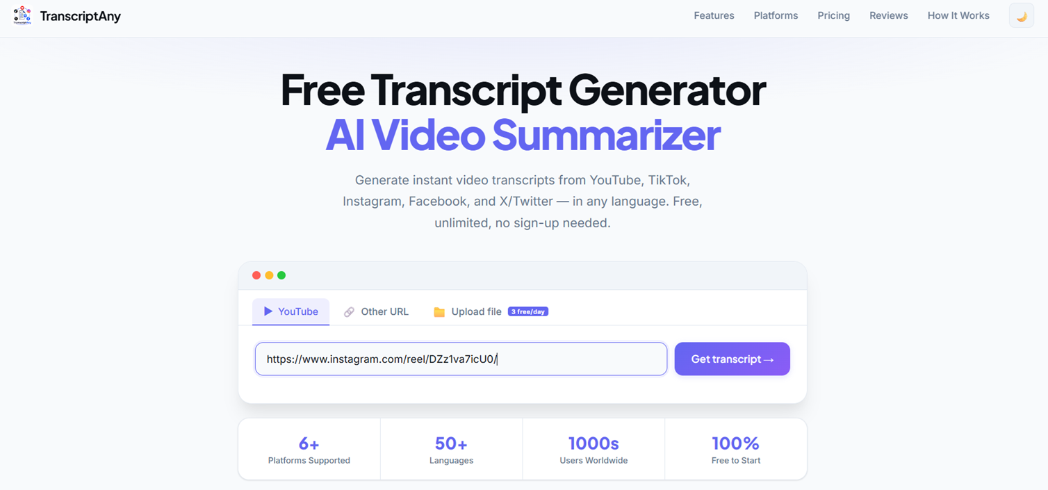 Instagram Reel URL pasted into TranscriptAny, ready to get the transcript
