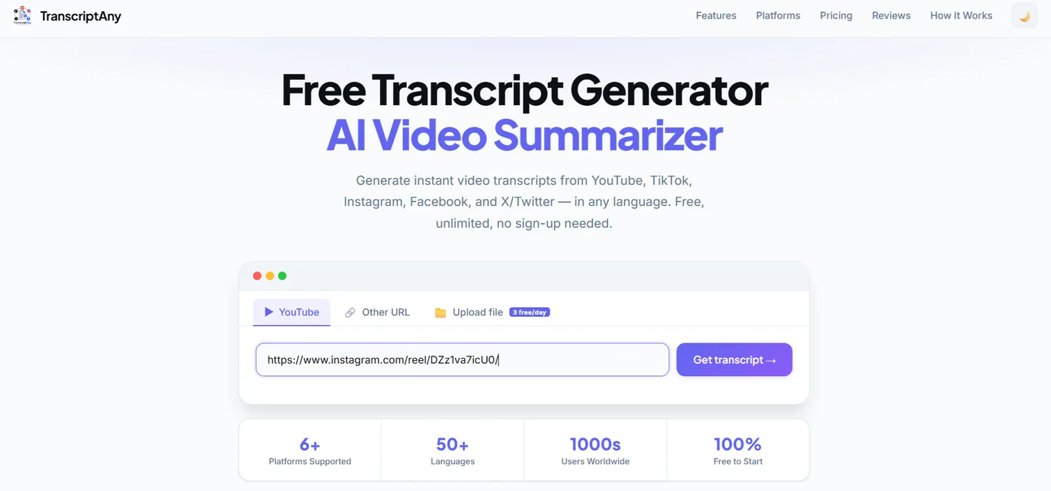 Instagram Reel URL pasted into TranscriptAny, ready to get the transcript