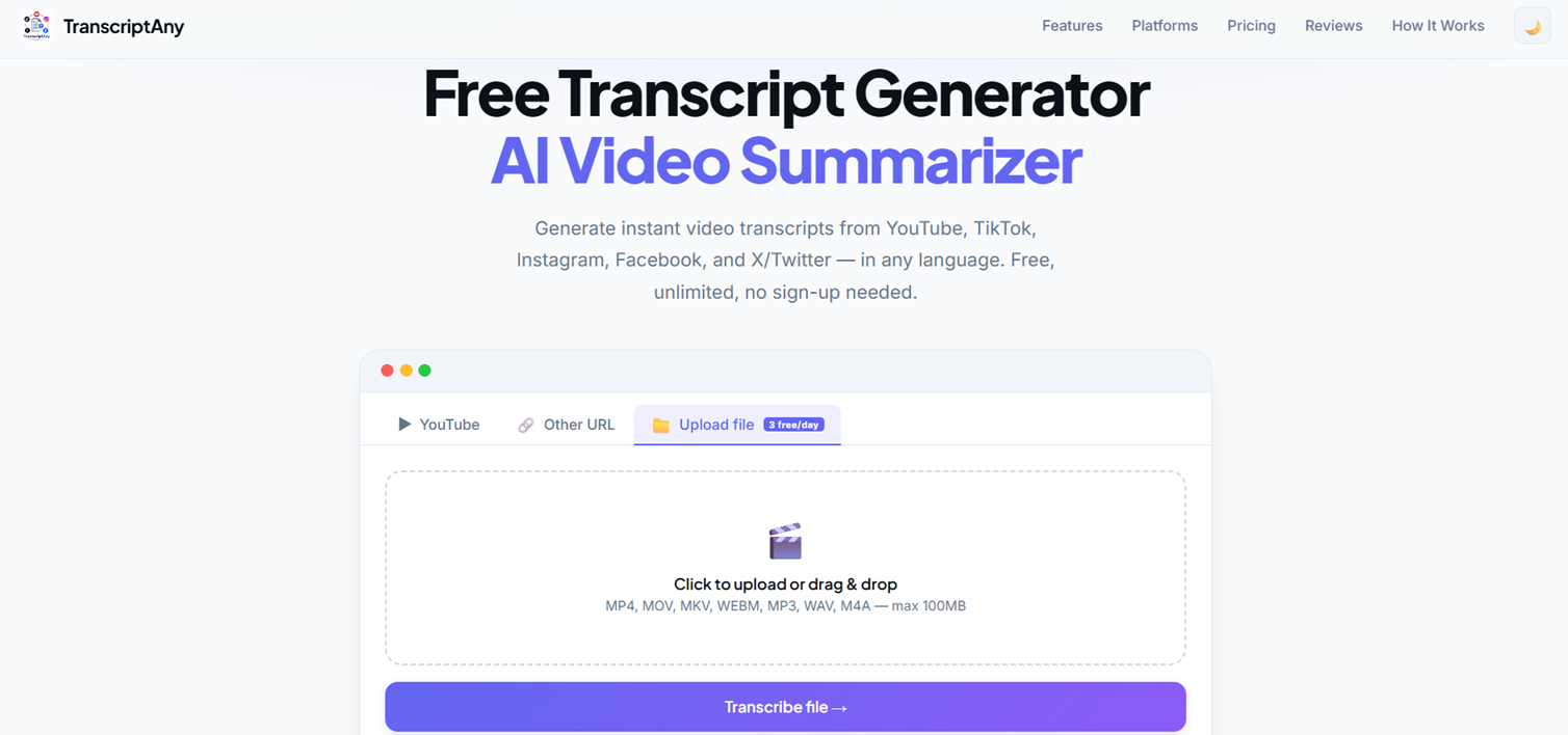 TranscriptAny homepage with the Upload file tab selected