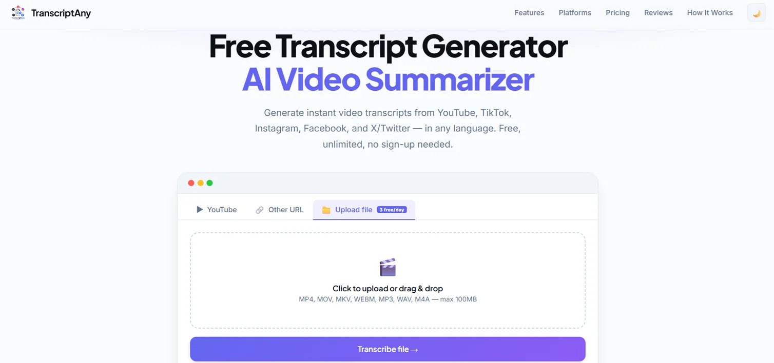 TranscriptAny homepage with the Upload file tab selected
