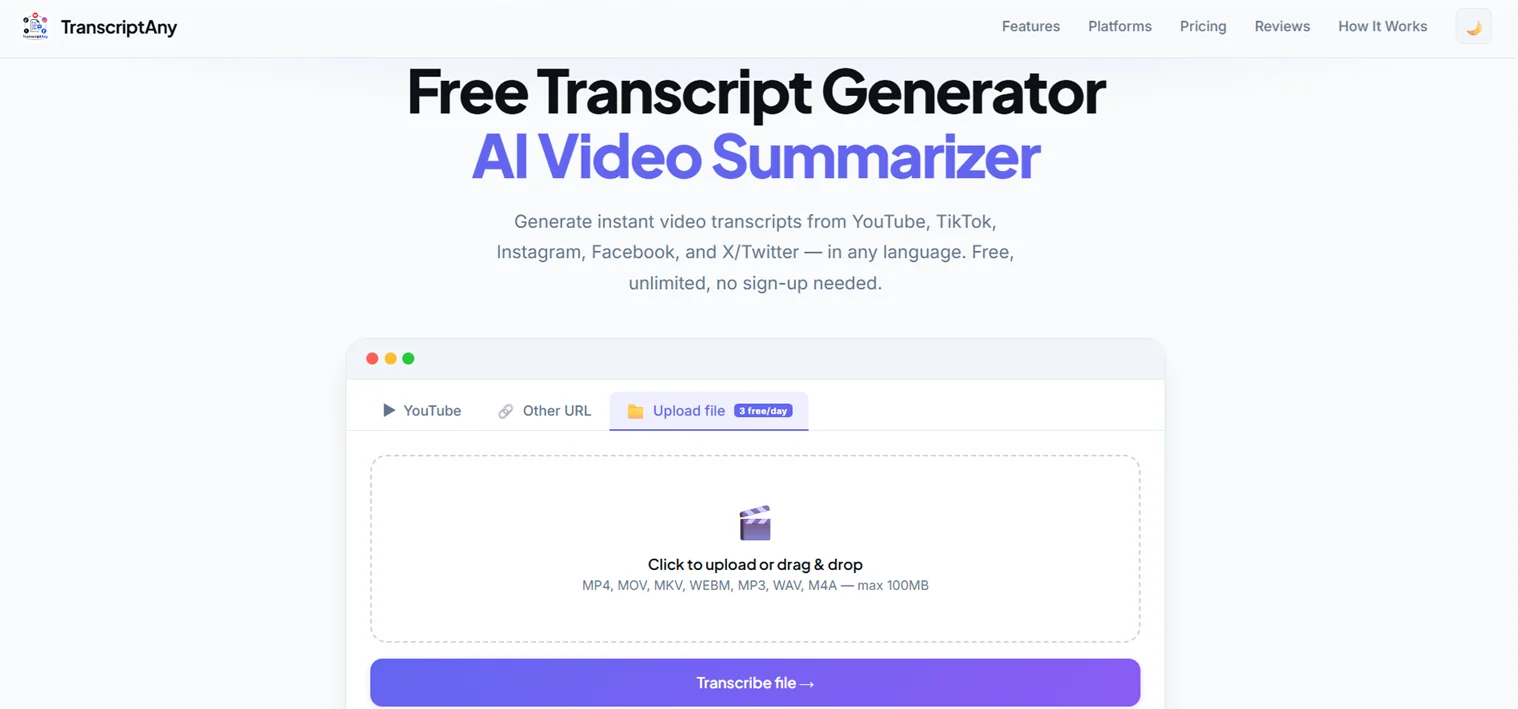 TranscriptAny homepage with the Upload file tab selected