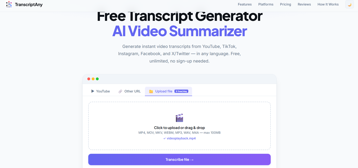 MP4 file selected and ready to transcribe