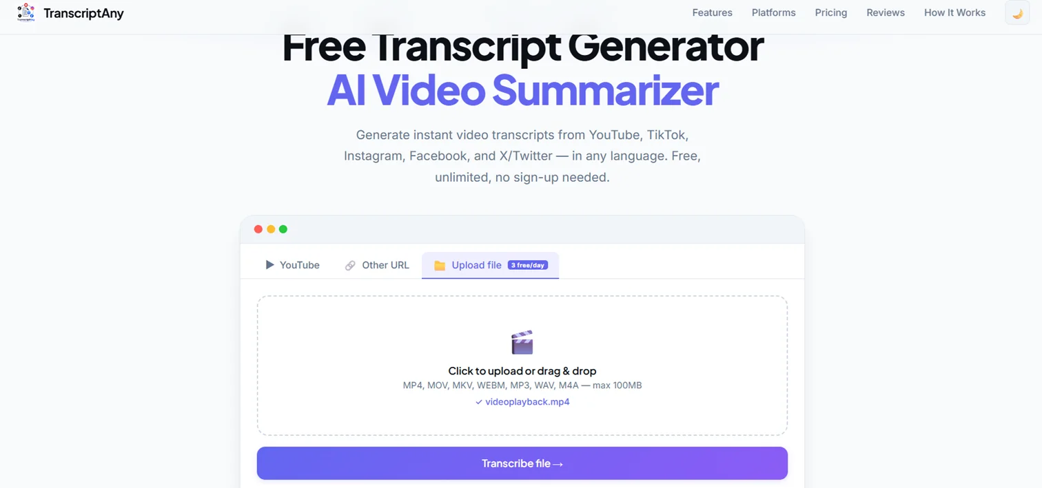 MP4 file selected and ready to transcribe