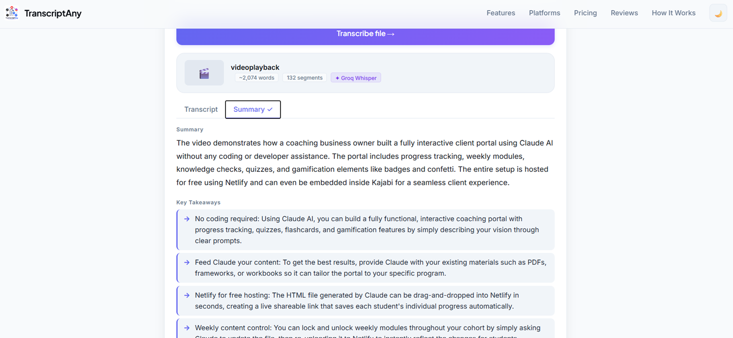 AI-generated summary and key takeaways from an MP4 transcript