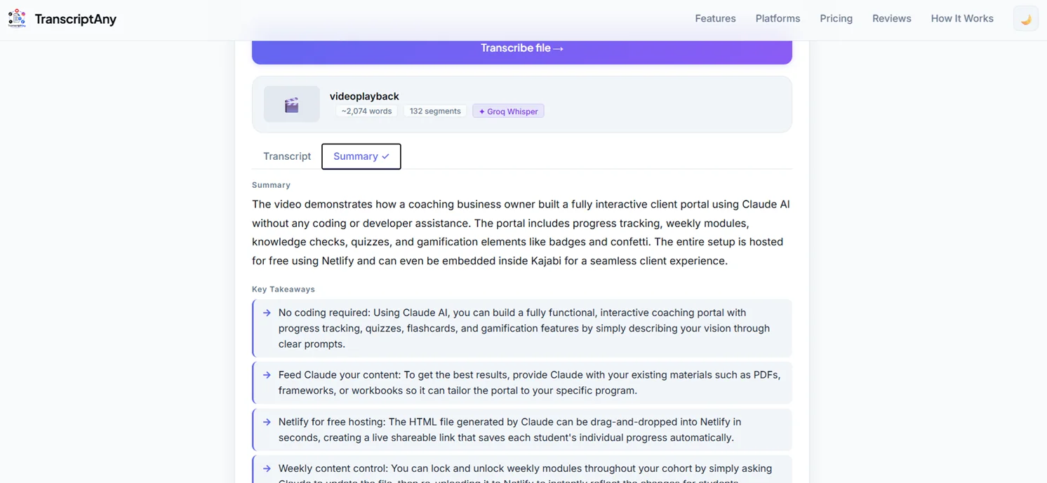 AI-generated summary and key takeaways from an MP4 transcript
