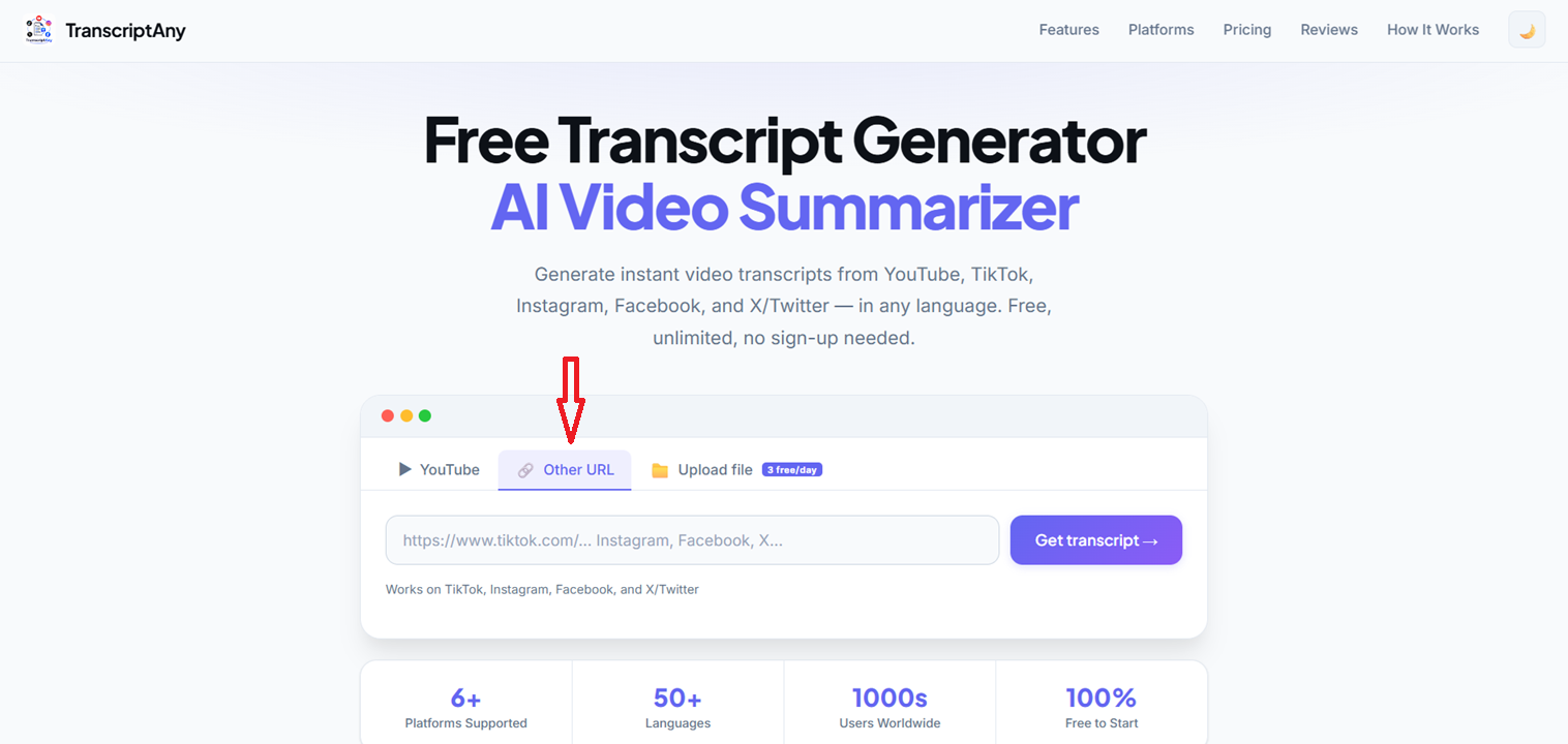 TranscriptAny homepage with the Other URL tab selected for TikTok