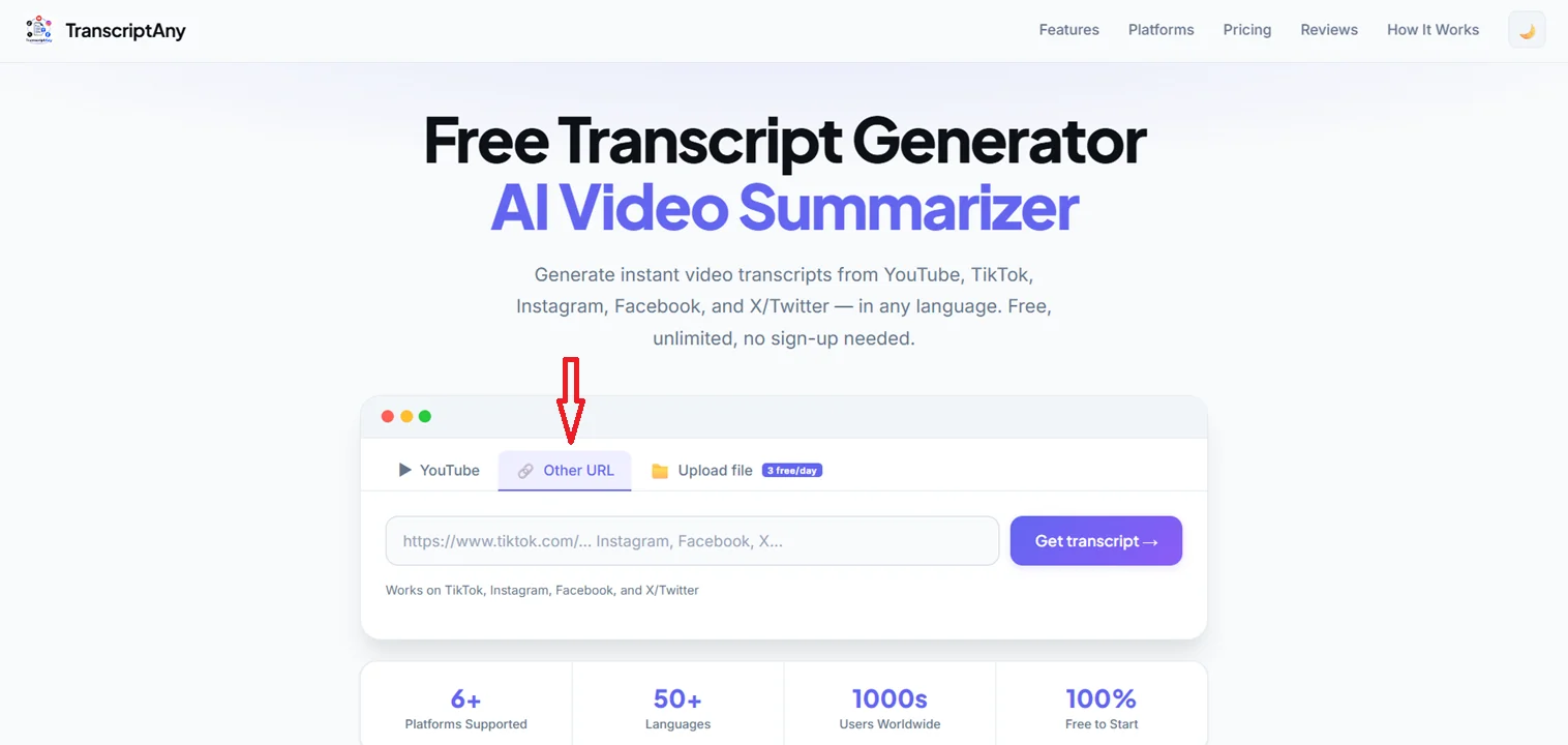 TranscriptAny homepage with the Other URL tab selected for TikTok