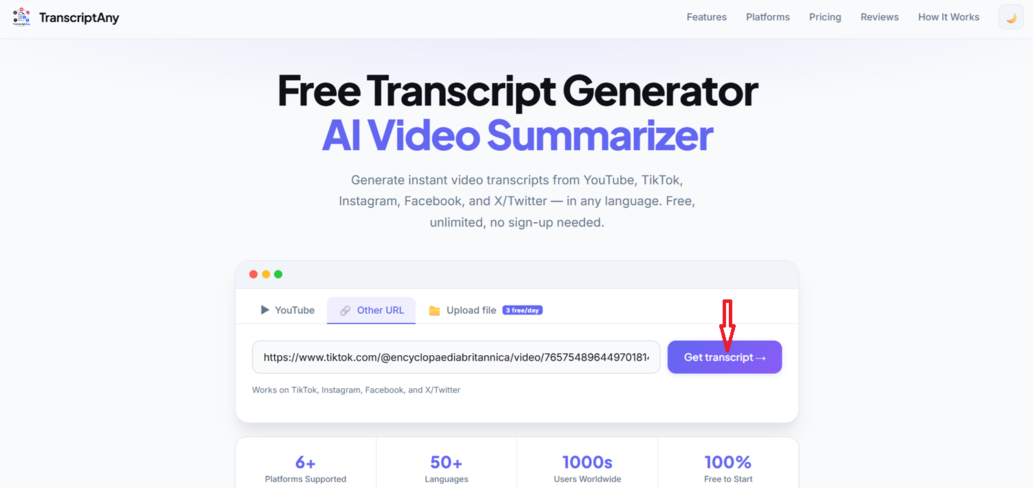 TikTok URL pasted into TranscriptAny, ready to get the transcript