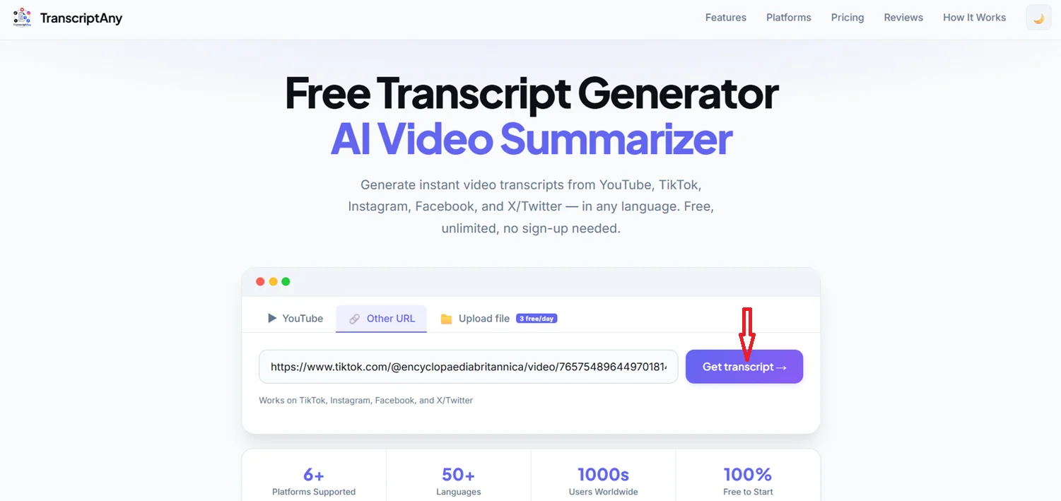 TikTok URL pasted into TranscriptAny, ready to get the transcript