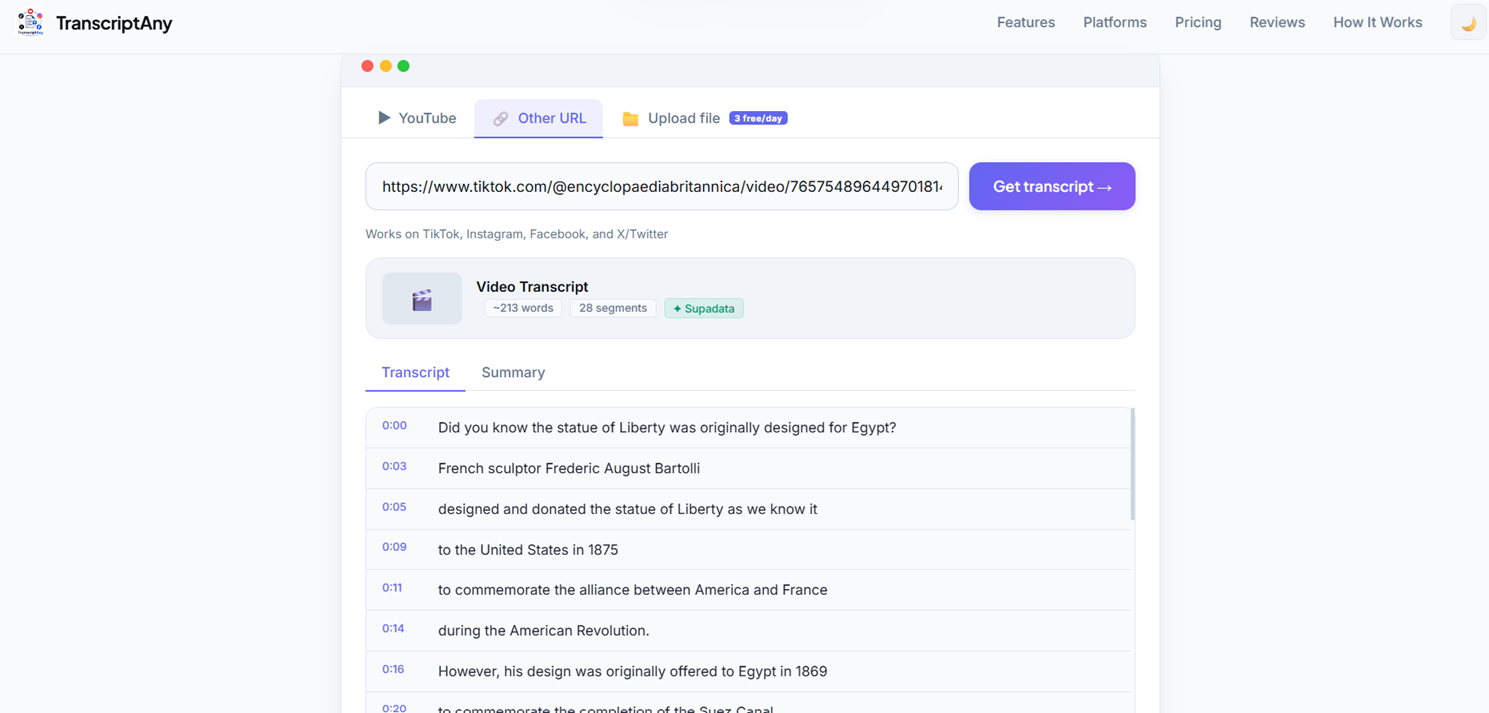 Full TikTok transcript generated with timestamps