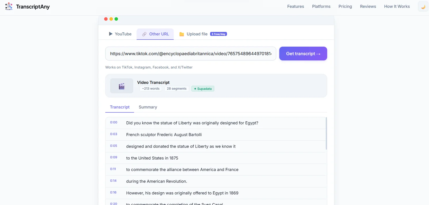 Full TikTok transcript generated with timestamps
