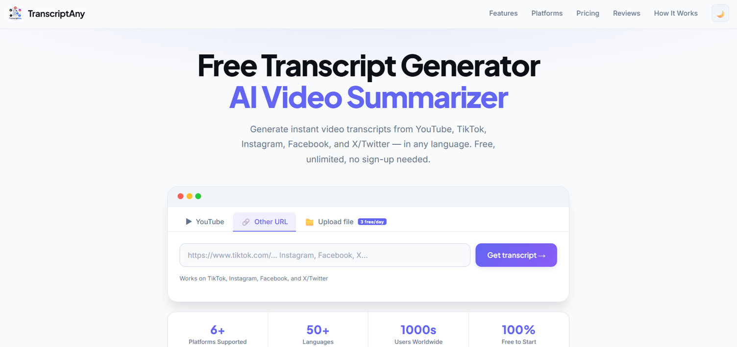 TranscriptAny homepage with the Other URL tab selected for X/Twitter