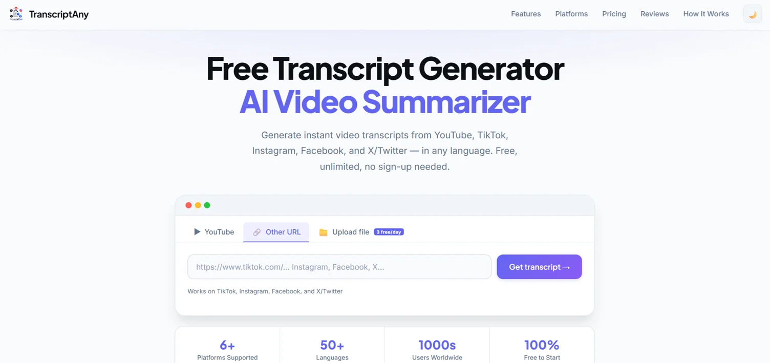 TranscriptAny homepage with the Other URL tab selected for X/Twitter