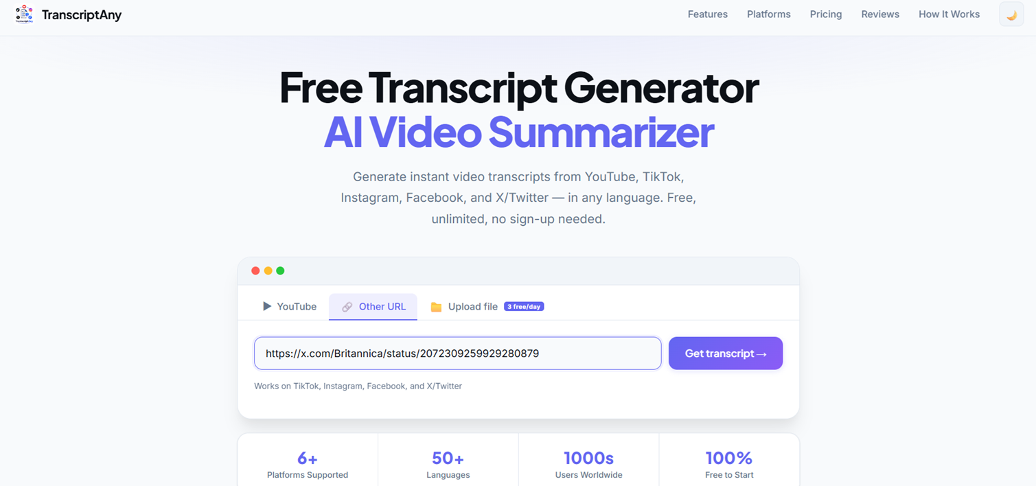 X/Twitter video URL pasted into TranscriptAny, ready to get the transcript