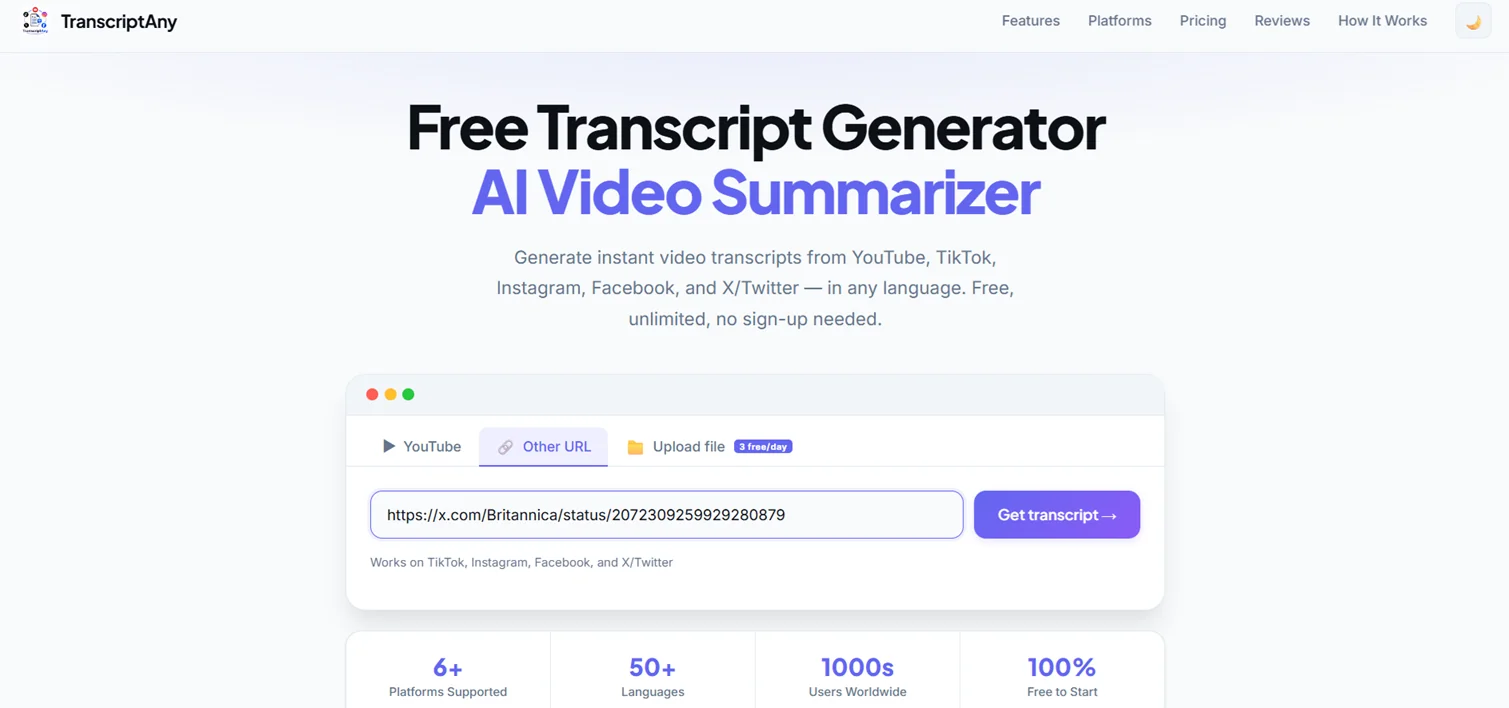 X/Twitter video URL pasted into TranscriptAny, ready to get the transcript