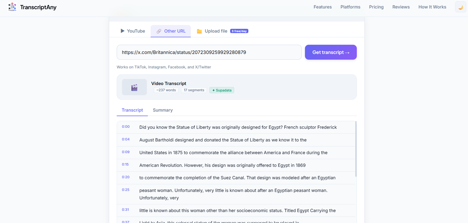Full X/Twitter video transcript generated with timestamps