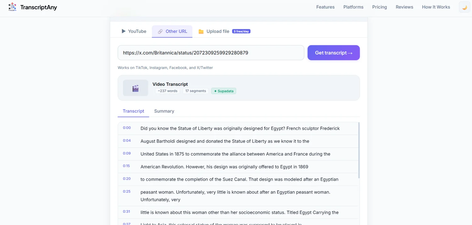 Full X/Twitter video transcript generated with timestamps