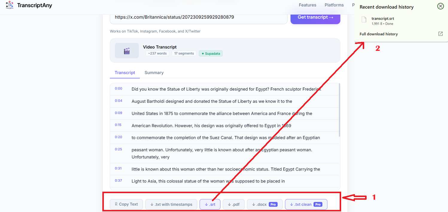 X/Twitter video transcript download options including .srt, .pdf, and .docx