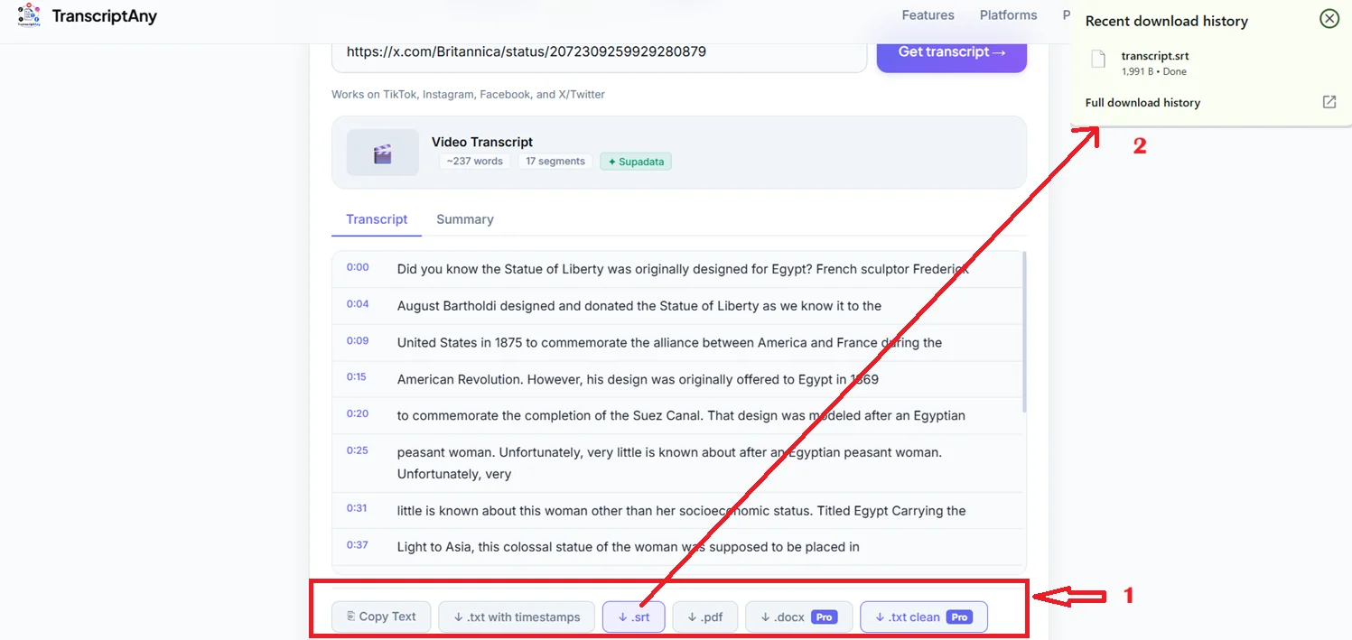 X/Twitter video transcript download options including .srt, .pdf, and .docx