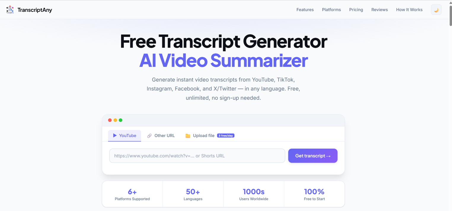 TranscriptAny homepage with the YouTube tab selected