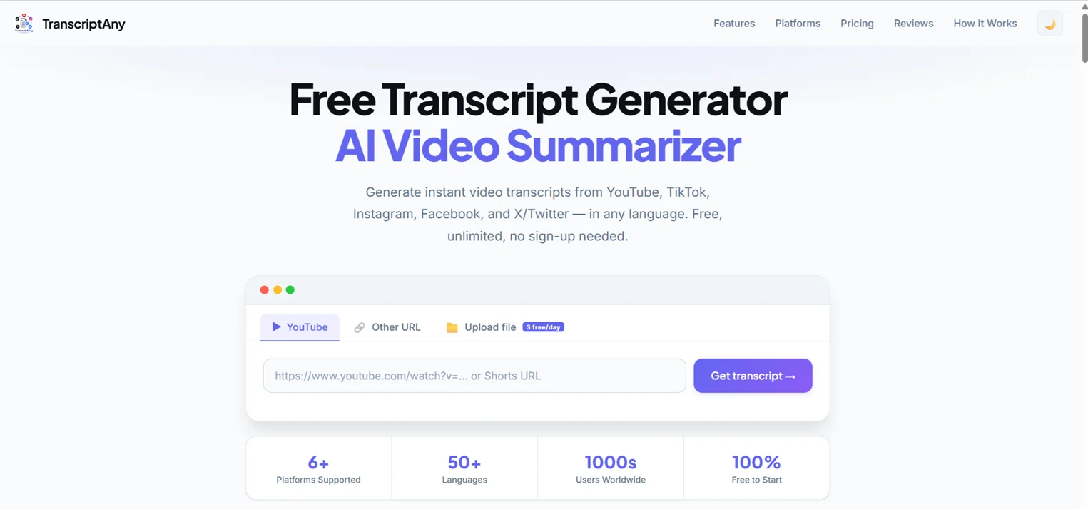 TranscriptAny homepage with the YouTube tab selected