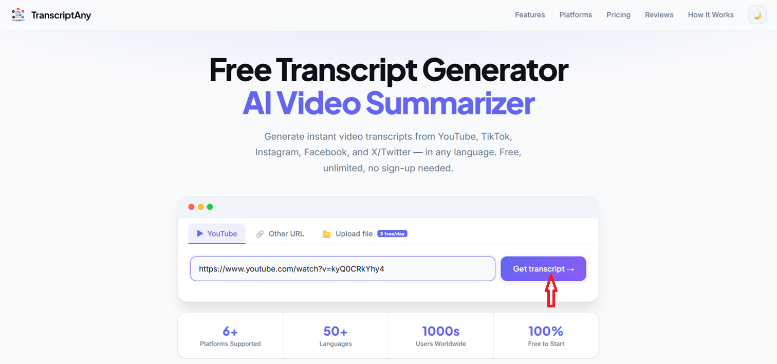 Pasting a YouTube URL into TranscriptAny