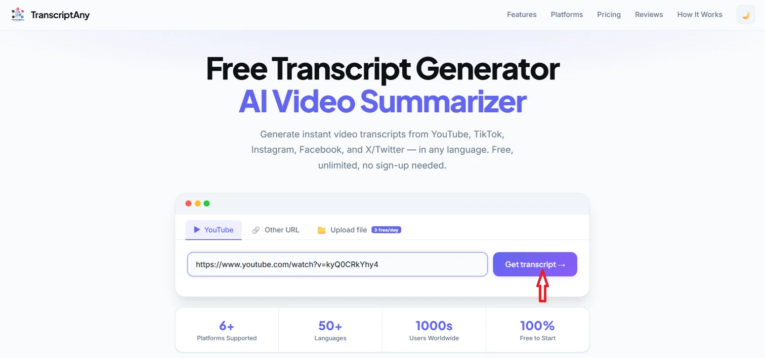 Pasting a YouTube URL into TranscriptAny